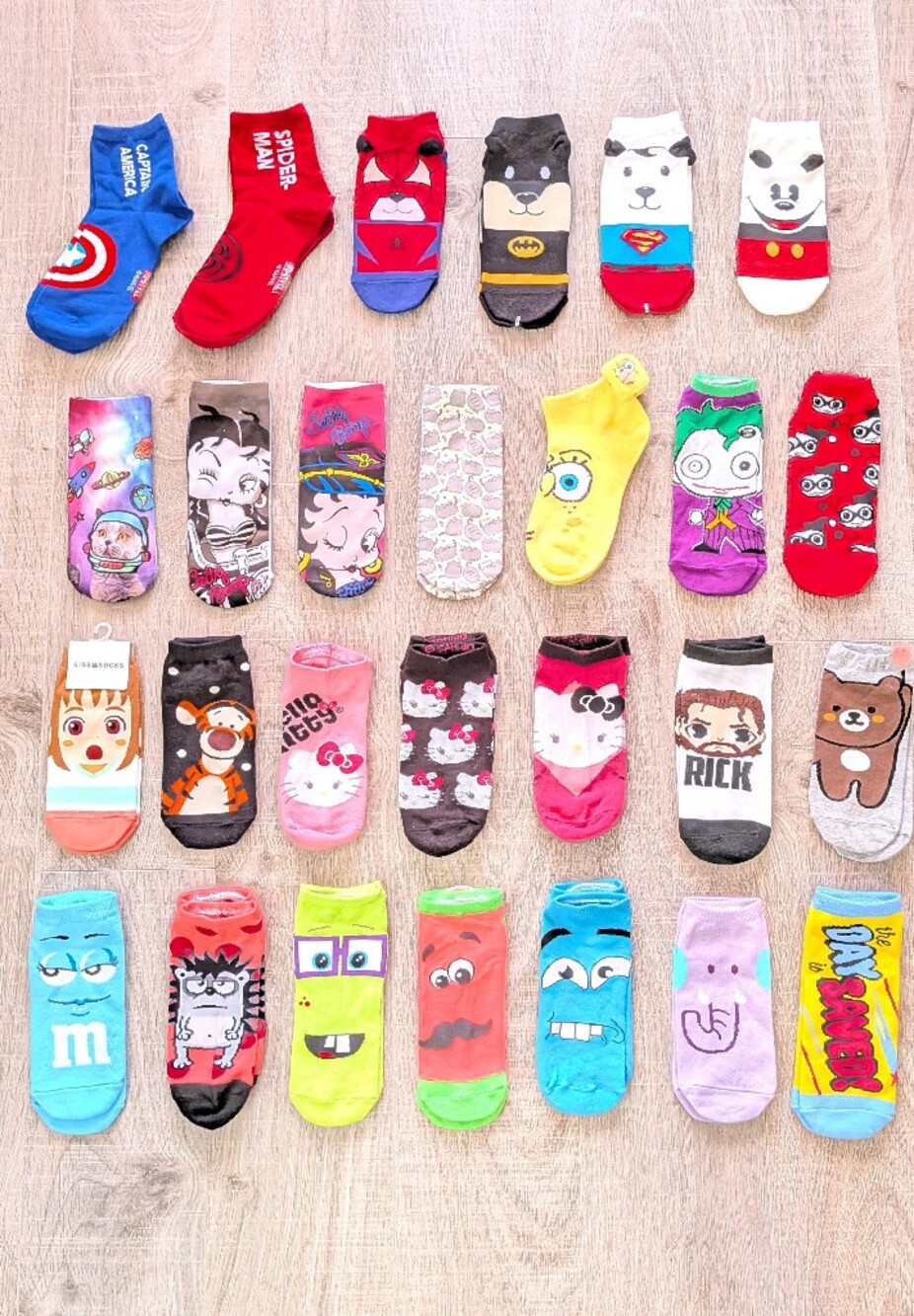 Huge 27-Pair Novelty Character Sock Lot Bundle Hello Kitty Marvel Disney Size OS